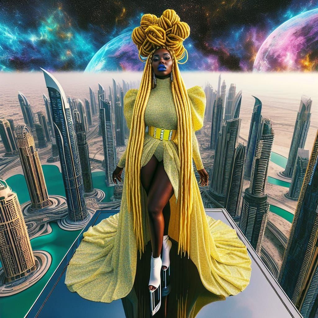 Cosmic AfroGoddess in Futuristic Vertical Garden