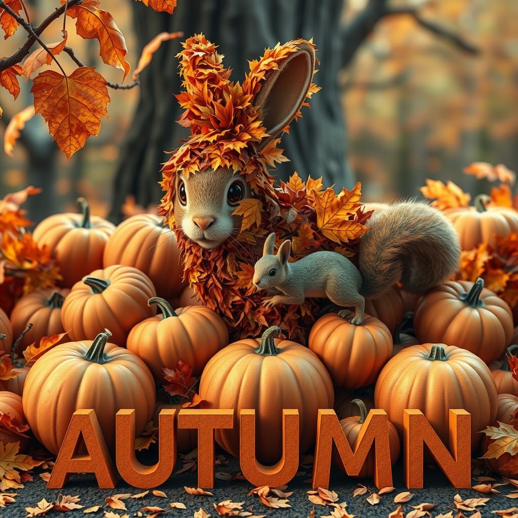 Autumnal Anime Rabbit Among Pumpkins in 3D