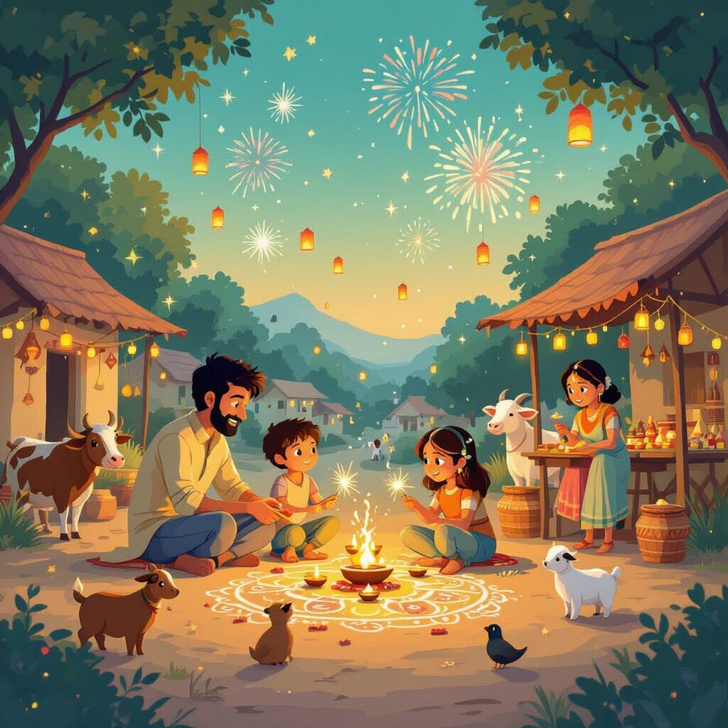 Joyful Diwali Village Festival in Ghibli Art Style