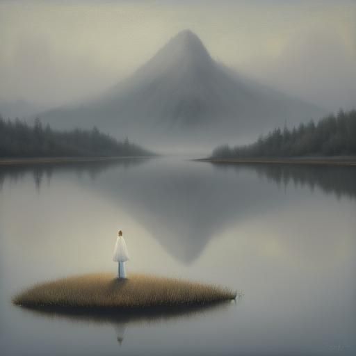 Ethereal Woman in Misty Lake: Impressionist Oil Painting