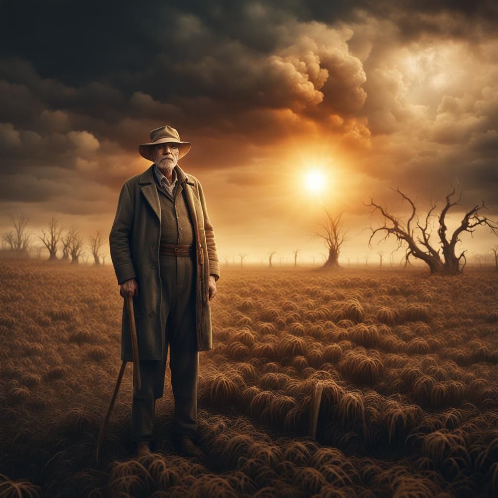 Discouraged Farmer in Withered Field: Digital Matte Painting