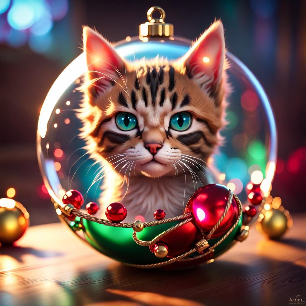 Kitten Reflection in Christmas Ball, Digital Art
