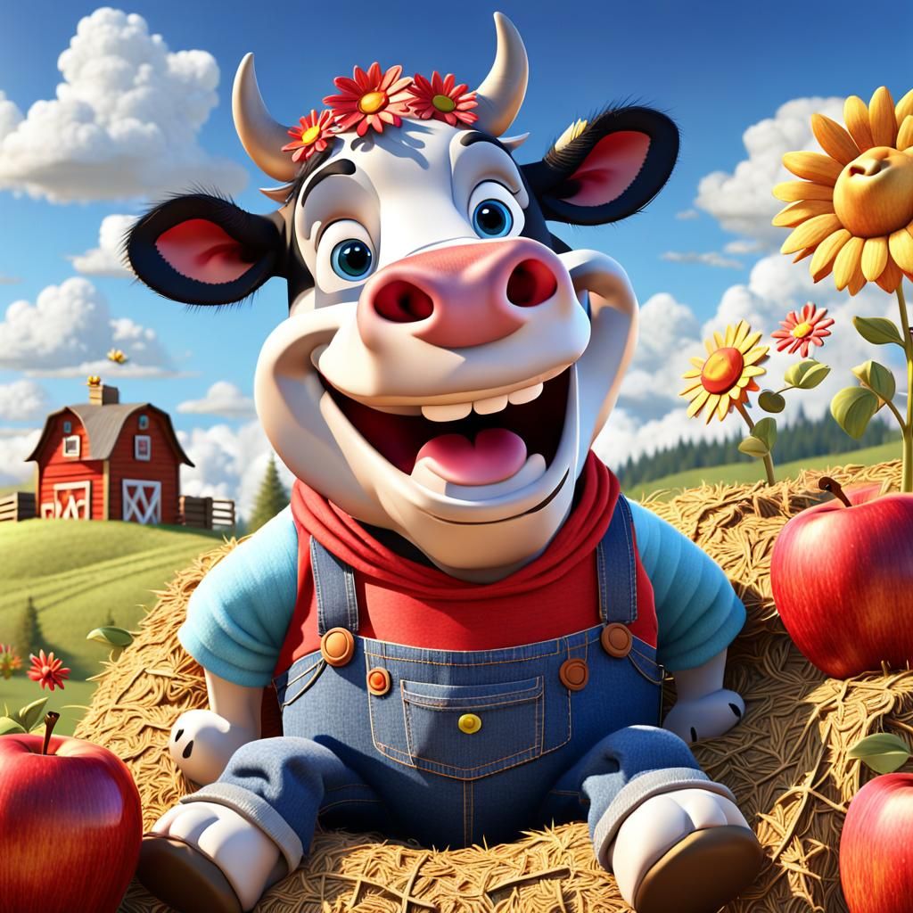 A whimsical 3D  cheerful cartoon cow relaxing on a hay bale.