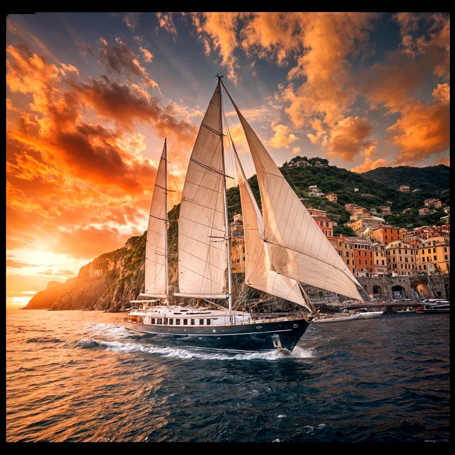 Sailing Yacht off Cinque Terre's Italian Coast at Sunset
