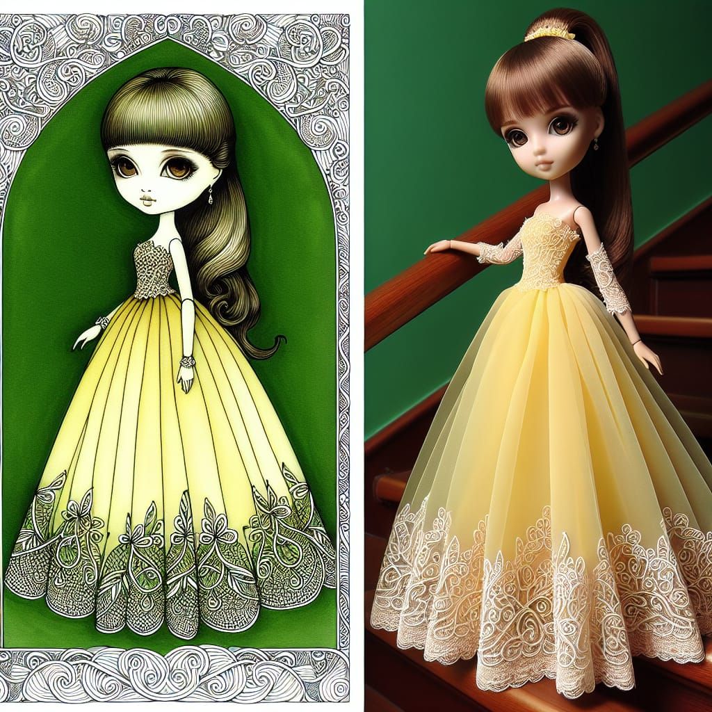 Elegant Doll in Zentangle-Inspired Gown on Staircase