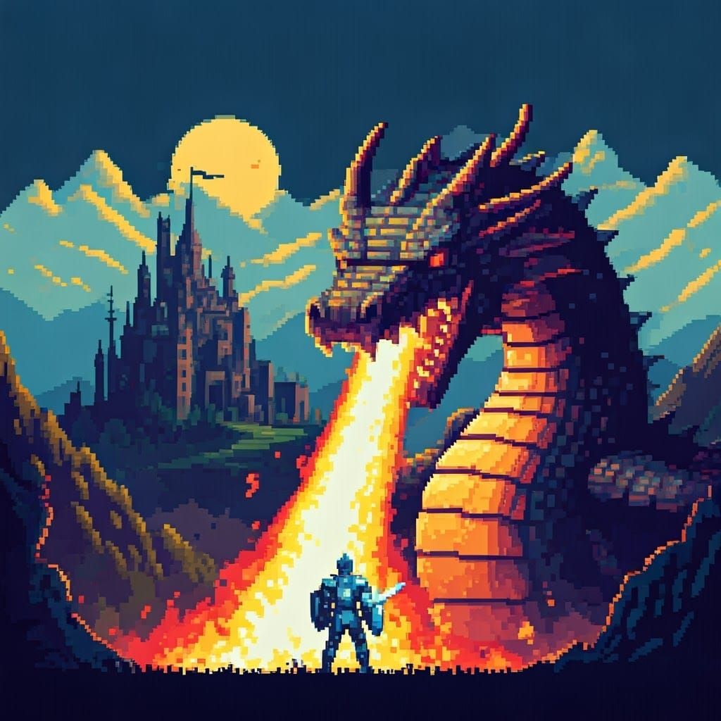 Pixel Knight vs Dragon in 8-bit Retro Style