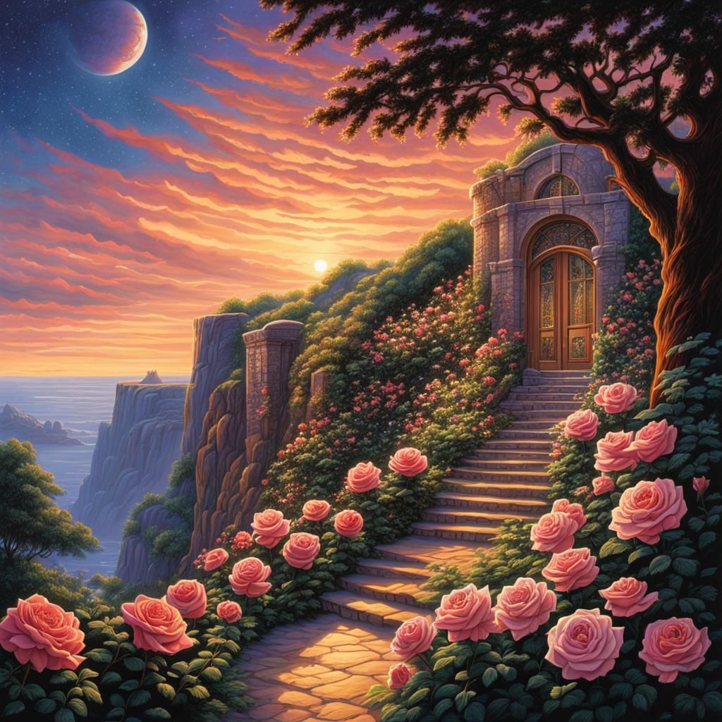 Fantasy Rose Garden Portal to Starry Cliff