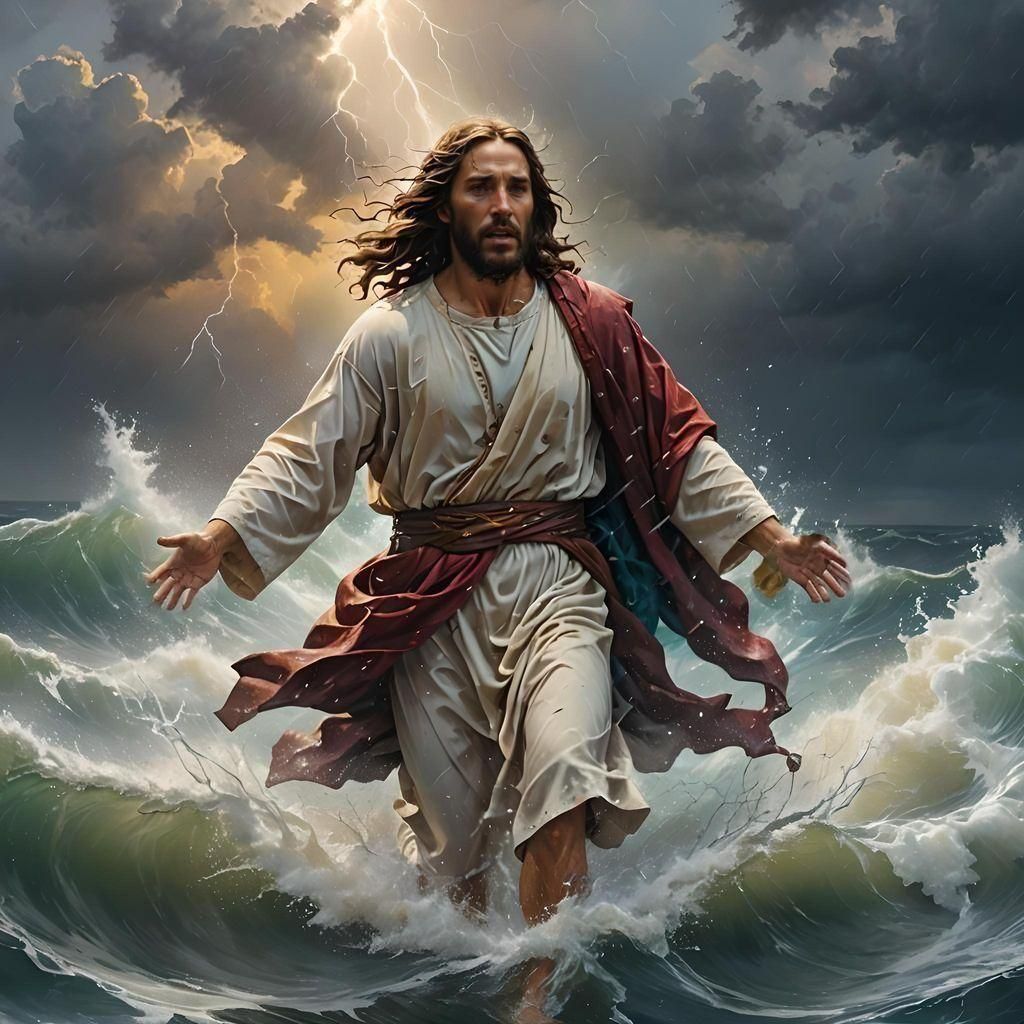 Jesus Walks on Water in Storm, Hyperrealistic Art