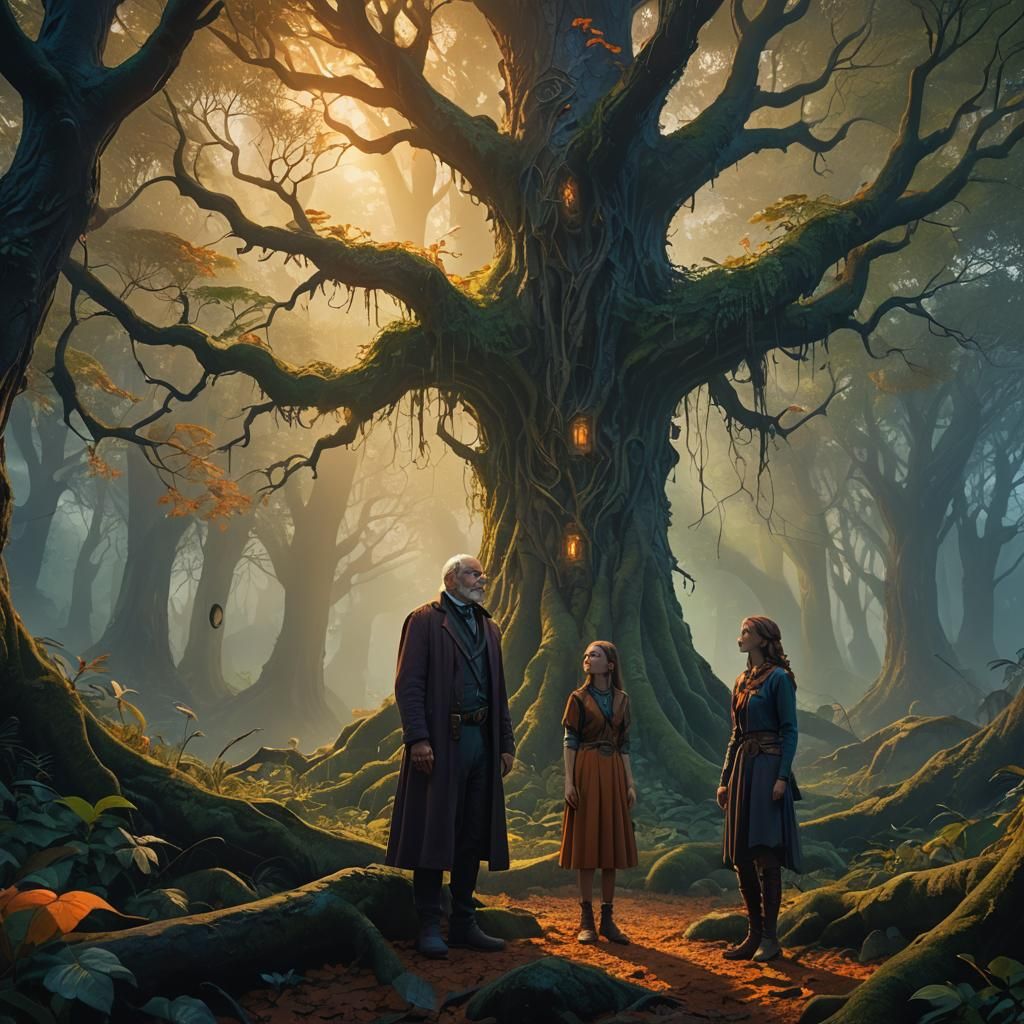 Mystical Forest Scene with Father and Daughter