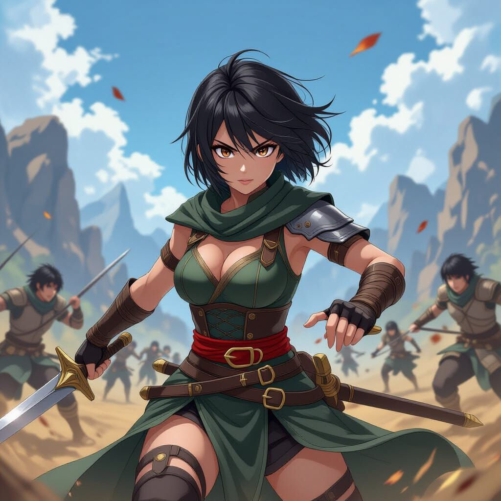 Anime Warrior Wielding Daggers on Battlefield