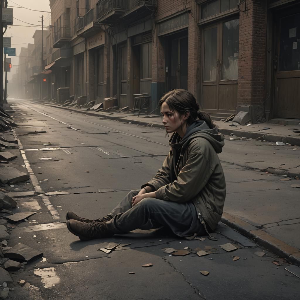 Melancholy Girl in Desolate Scene: Dark Fantasy Art