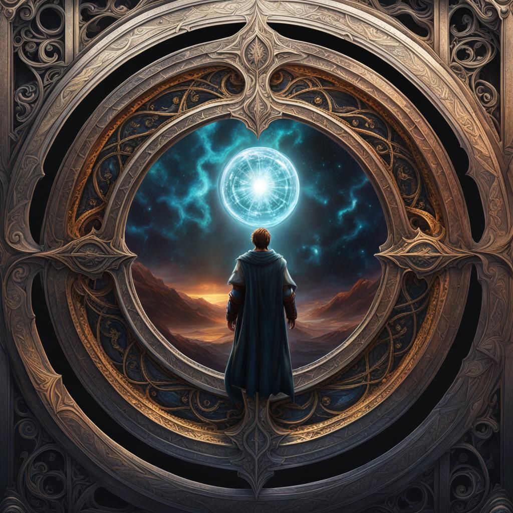 Protagonist's Journey Through Portal to Parallel World