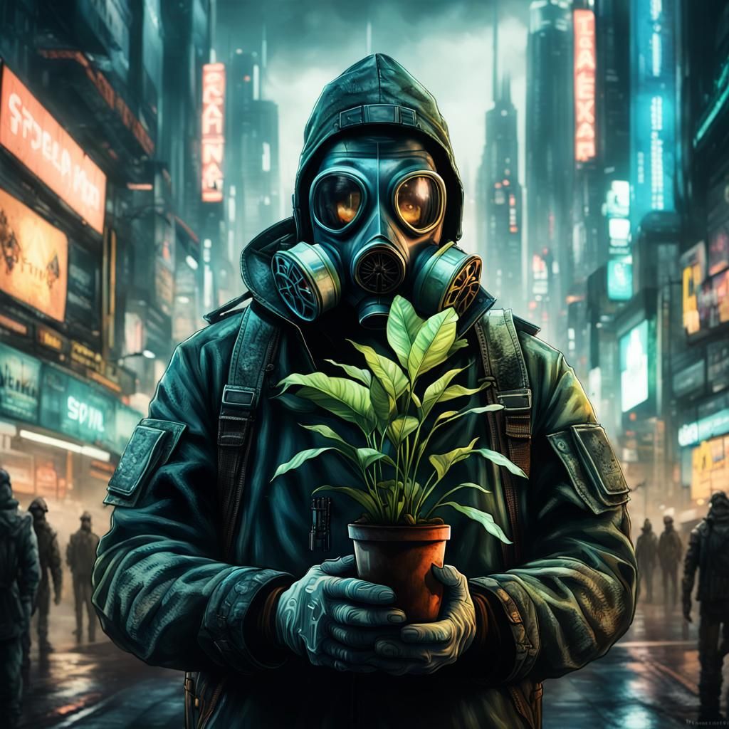 Cyberpunk City Gas Mask Plant Hyperrealistic Artwork