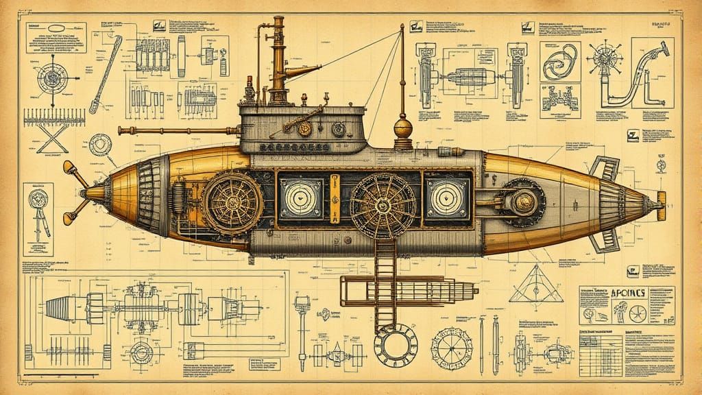 Steampunk Submarine Schematic in Leonardo da Vinci Style