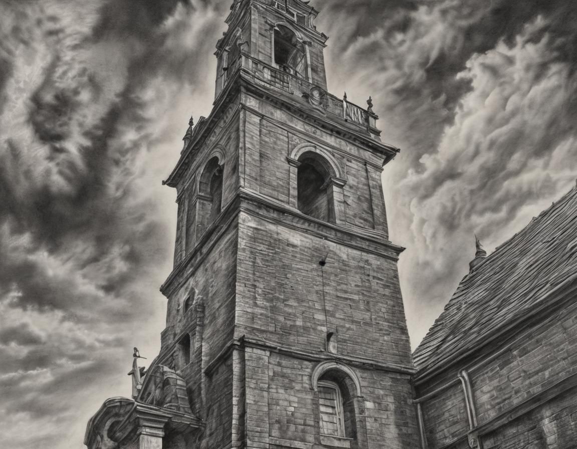 Hyperdetailed Charcoal Drawing of Old Bell Tower