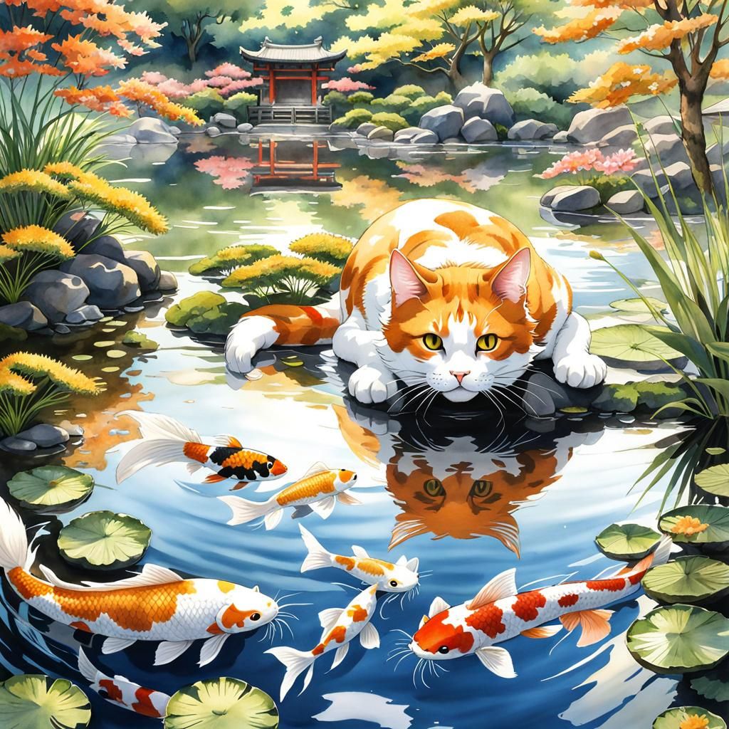 Cat Contemplates Reflection in Japanese Garden, Anime Style