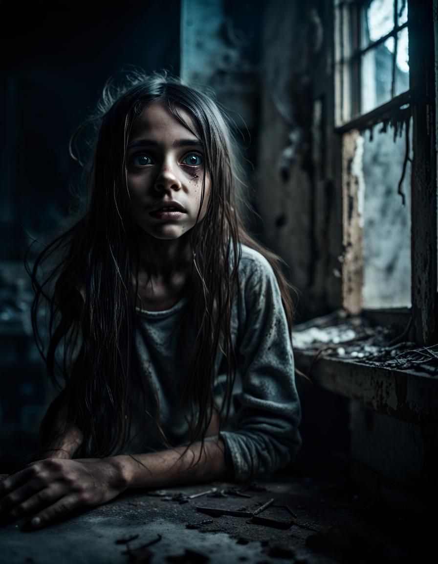 Disturbing Girl with Scary Eyes in Abandoned Room