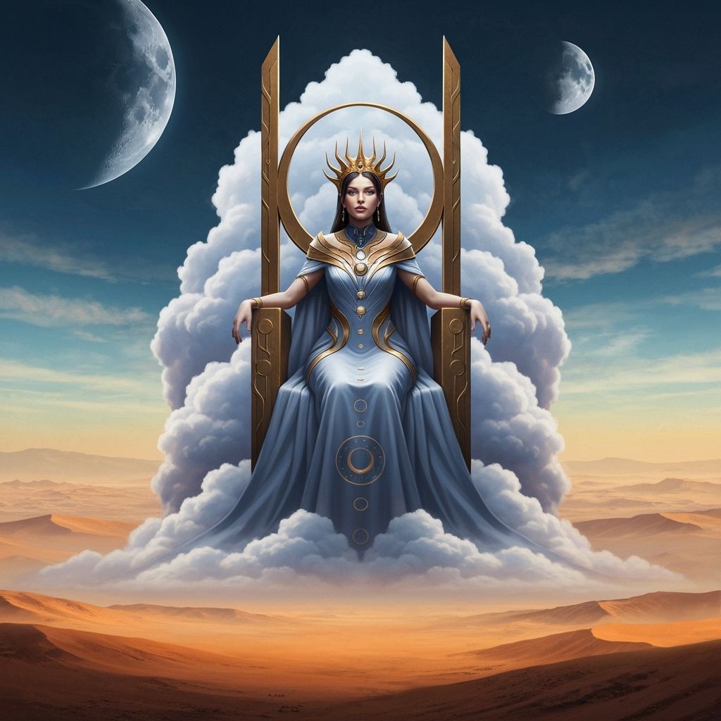 Majestic Queen on Cloud Throne in Alien Desert