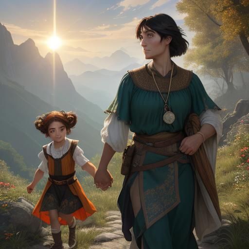 Dwarf Mother and Child Hiking, Detailed Digital Art