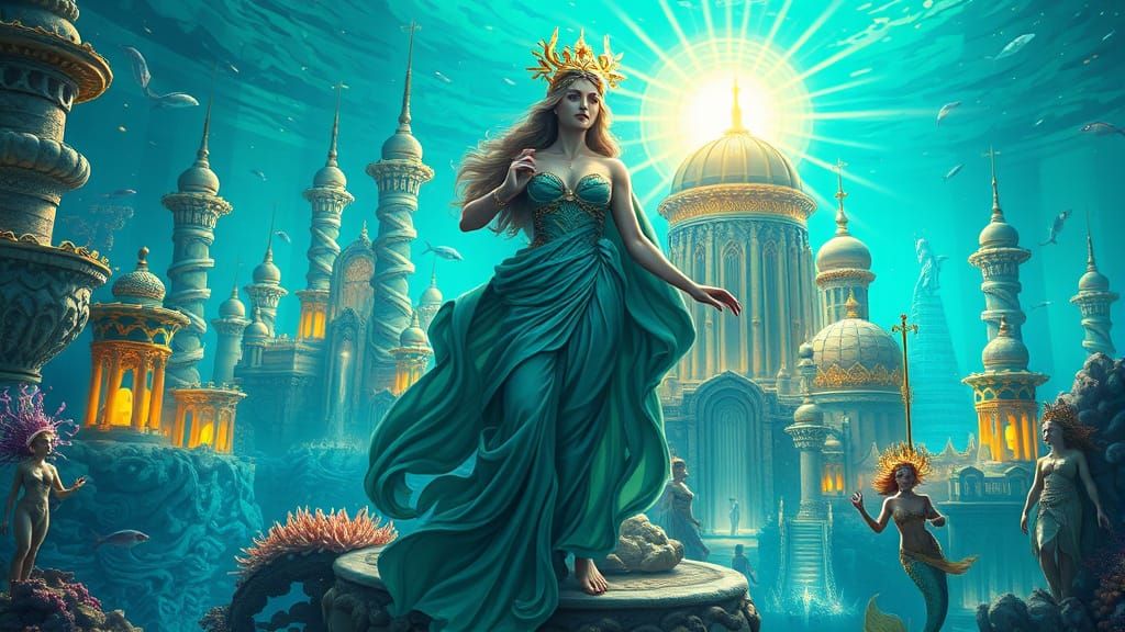 Aphrodite Presides Over Underwater City, Digital Painting