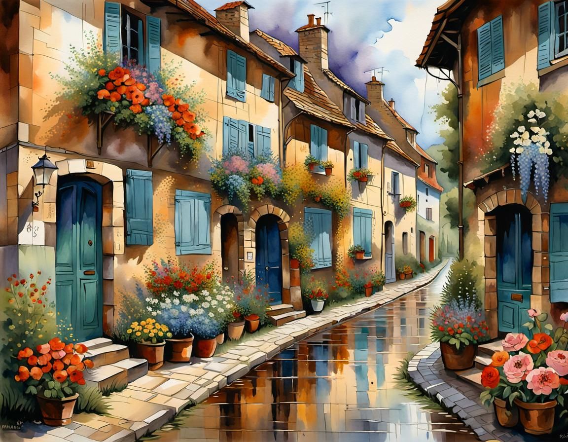 French Village Street After Rain, Watercolor Painting