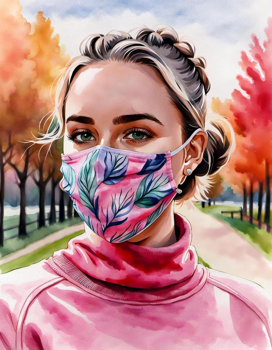 Curvy German Woman with Facemask in Watercolor