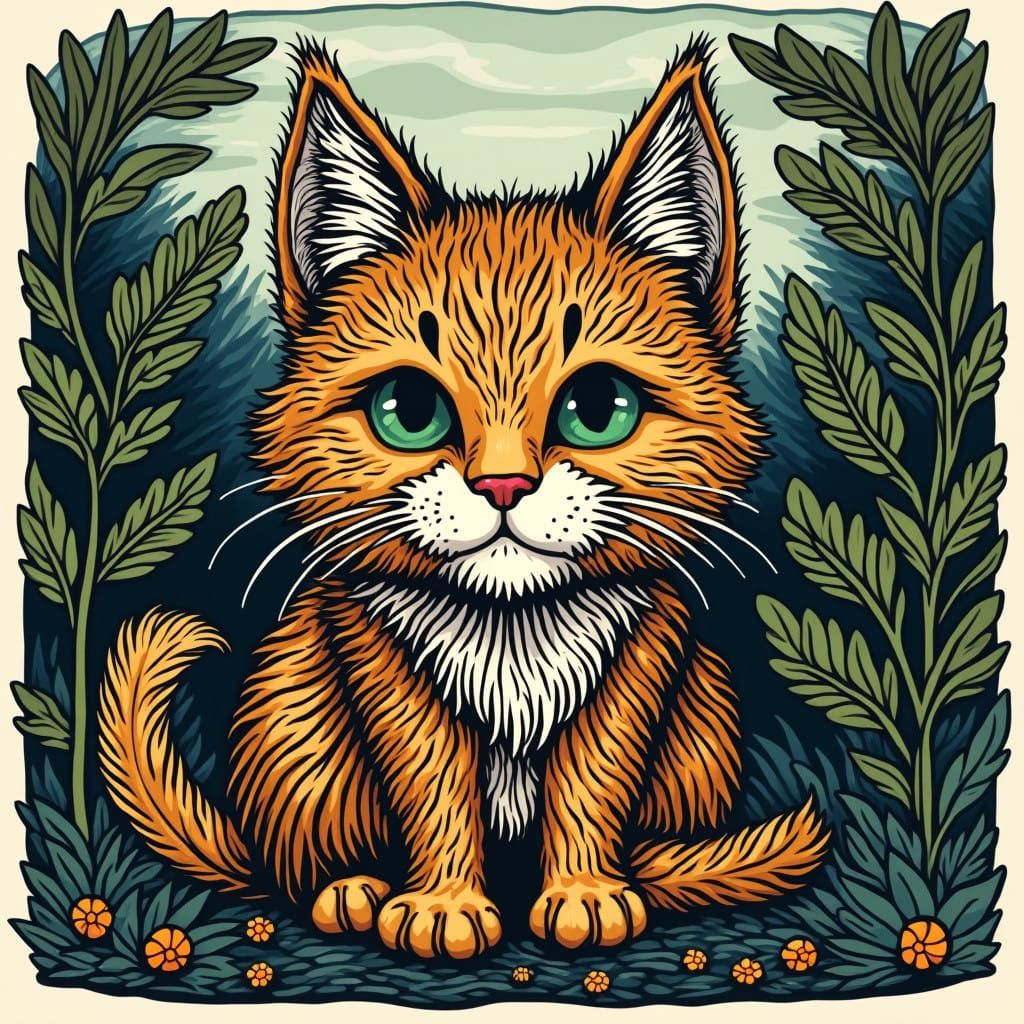 Maine Coon Cat in Traditional Woodcut Style