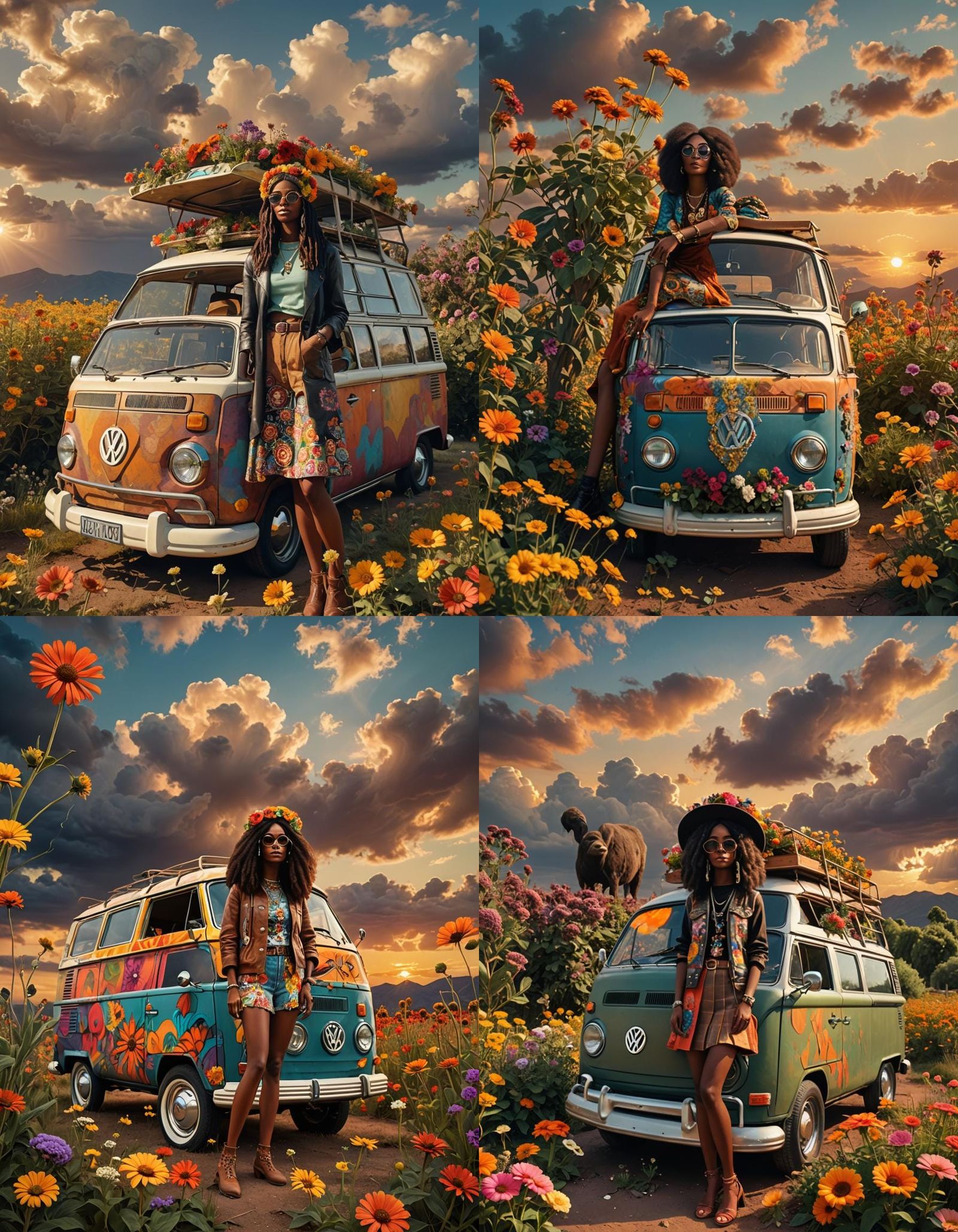 1970s Photo of Hipster Girl with Flower VW Van