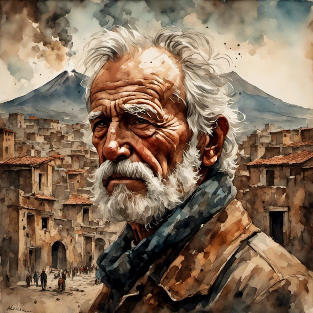 Pompeii Man's Lament: Ancient Watercolor Portrait