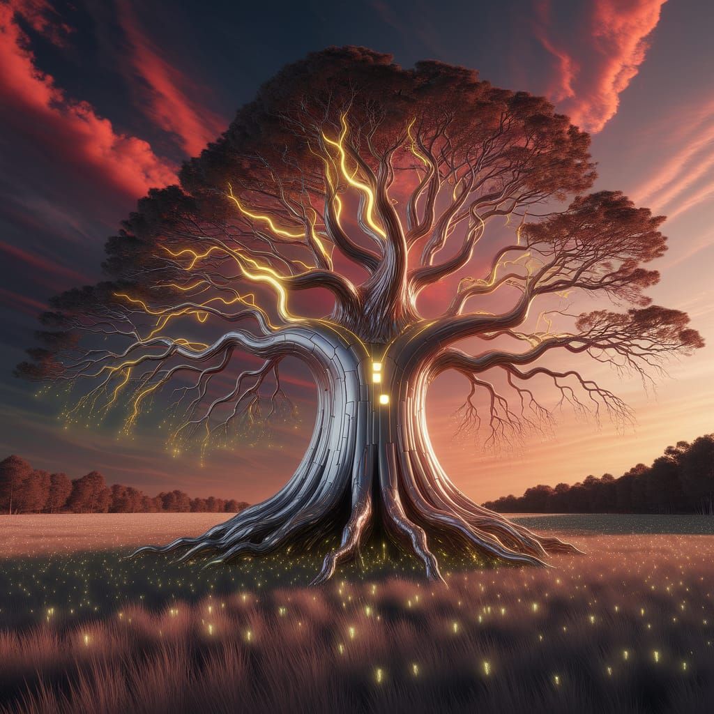 Cybernetic Tree Bathed in Sunset Light