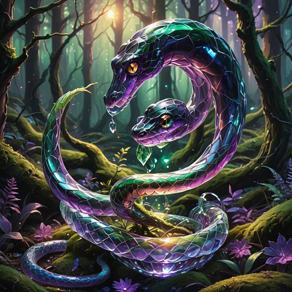 Glass Snake in Mystical Forest, Vibrant Oil Painting
