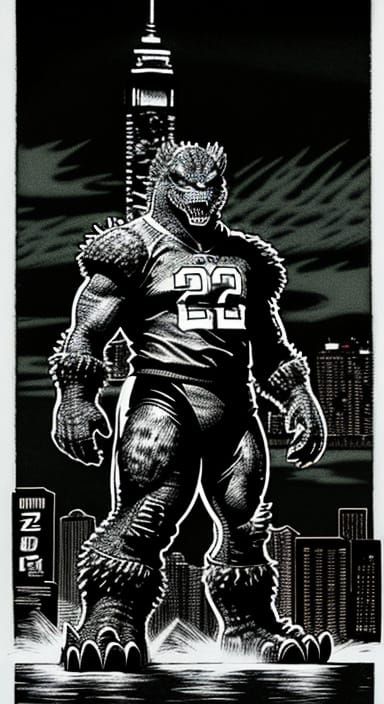 Godzilla in Miami Dolphins Uniform, New York Harbor Backgrou...