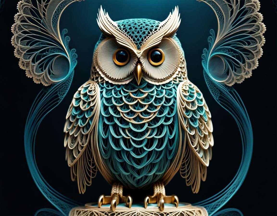 String Owl Statuette with Lace in Retrofuturism