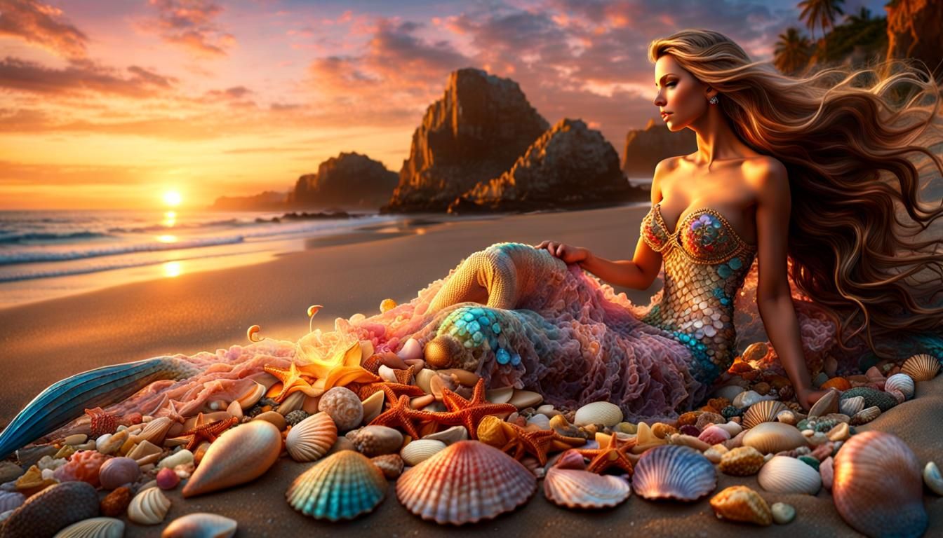 Mermaid Adorned with Jewels on a Sunset Beach