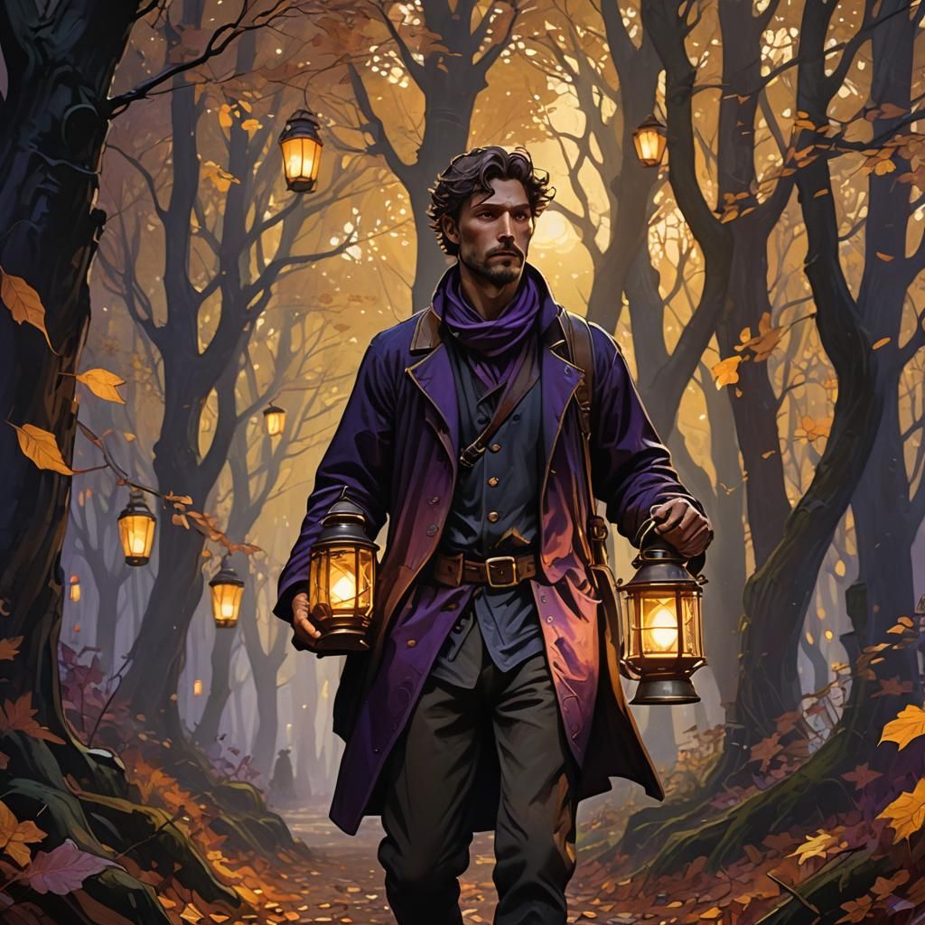 Lantern in Dark Forest: Art Nouveau Digital Painting