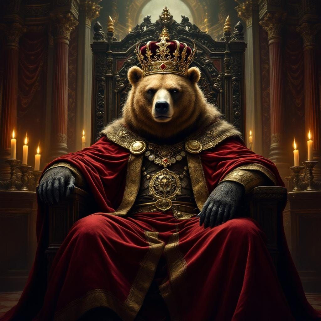 Crowned Bear on Throne in Classic Oil Painting Style