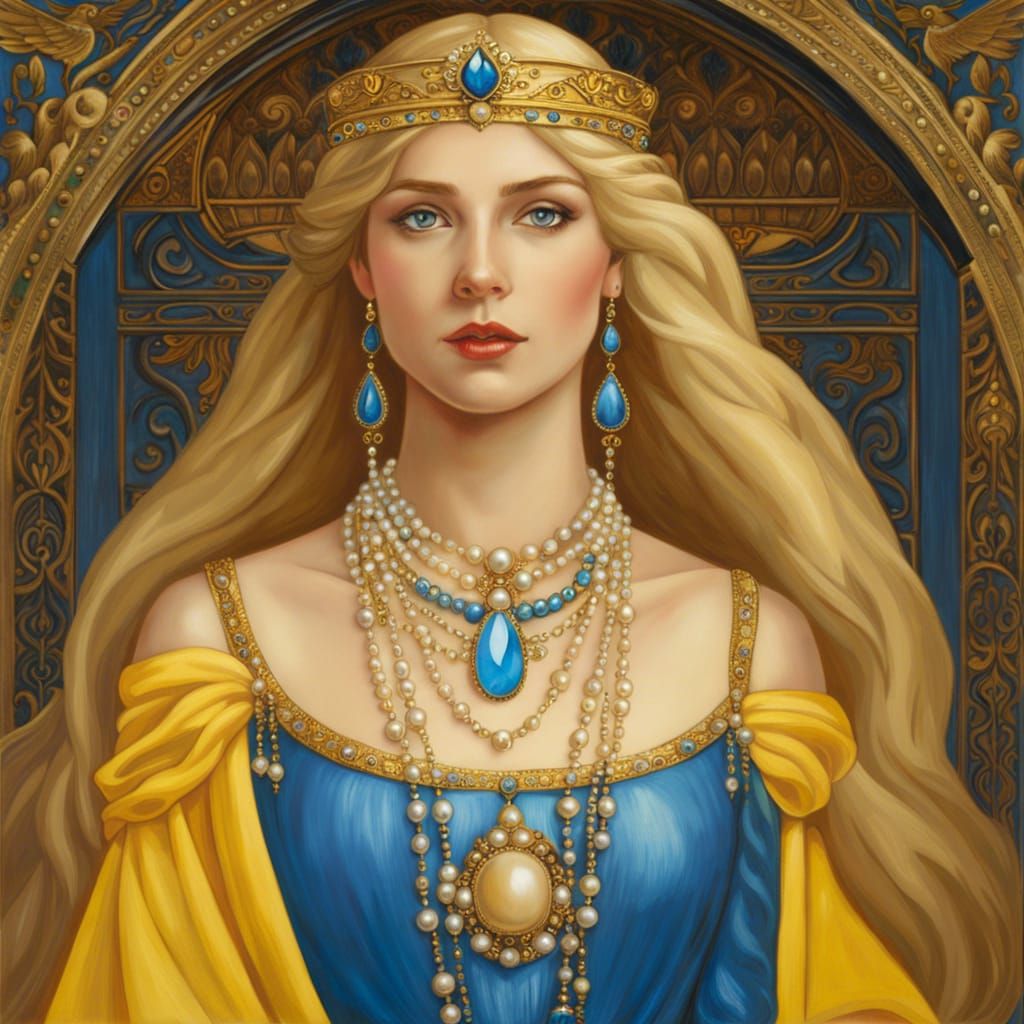 Medieval Princess with Pearl Crown in Waterhouse Style