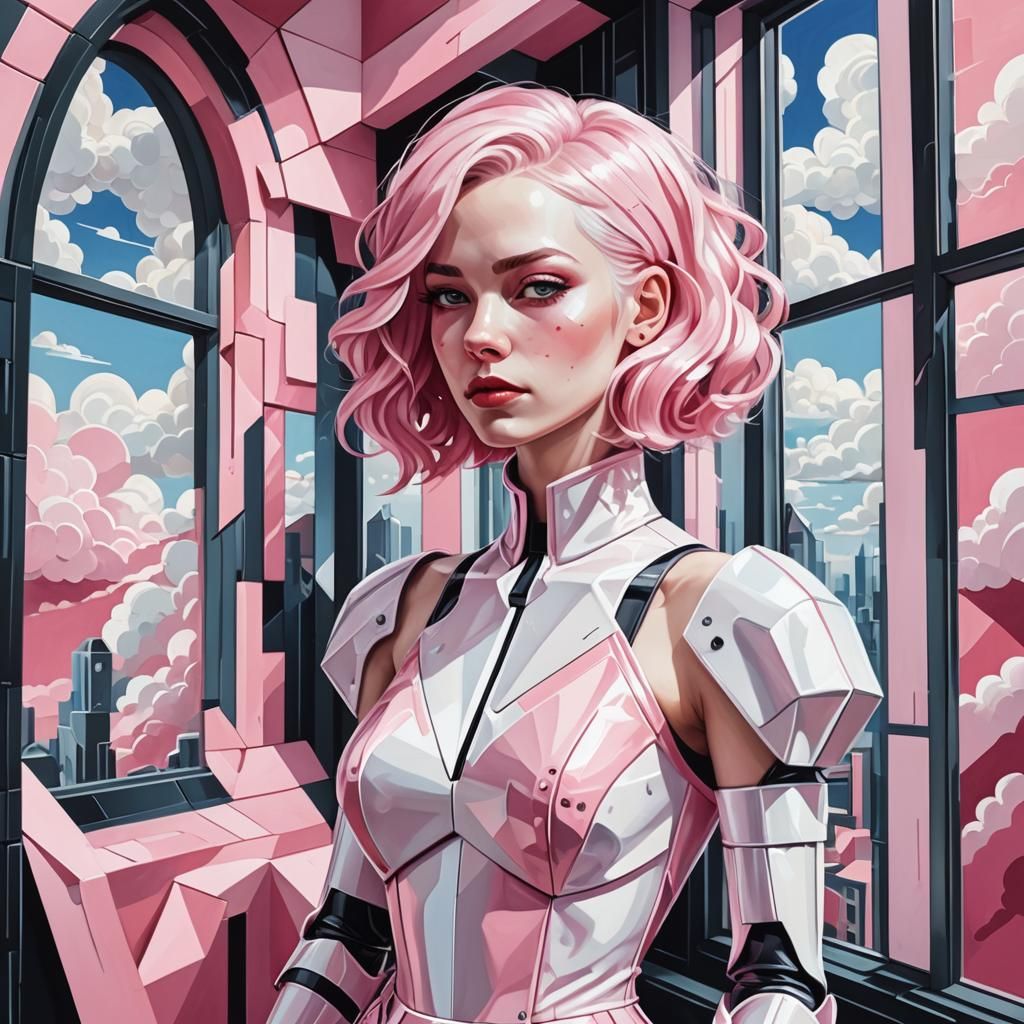 Cyberpunk Woman with Pink Hair, as Cubist Art