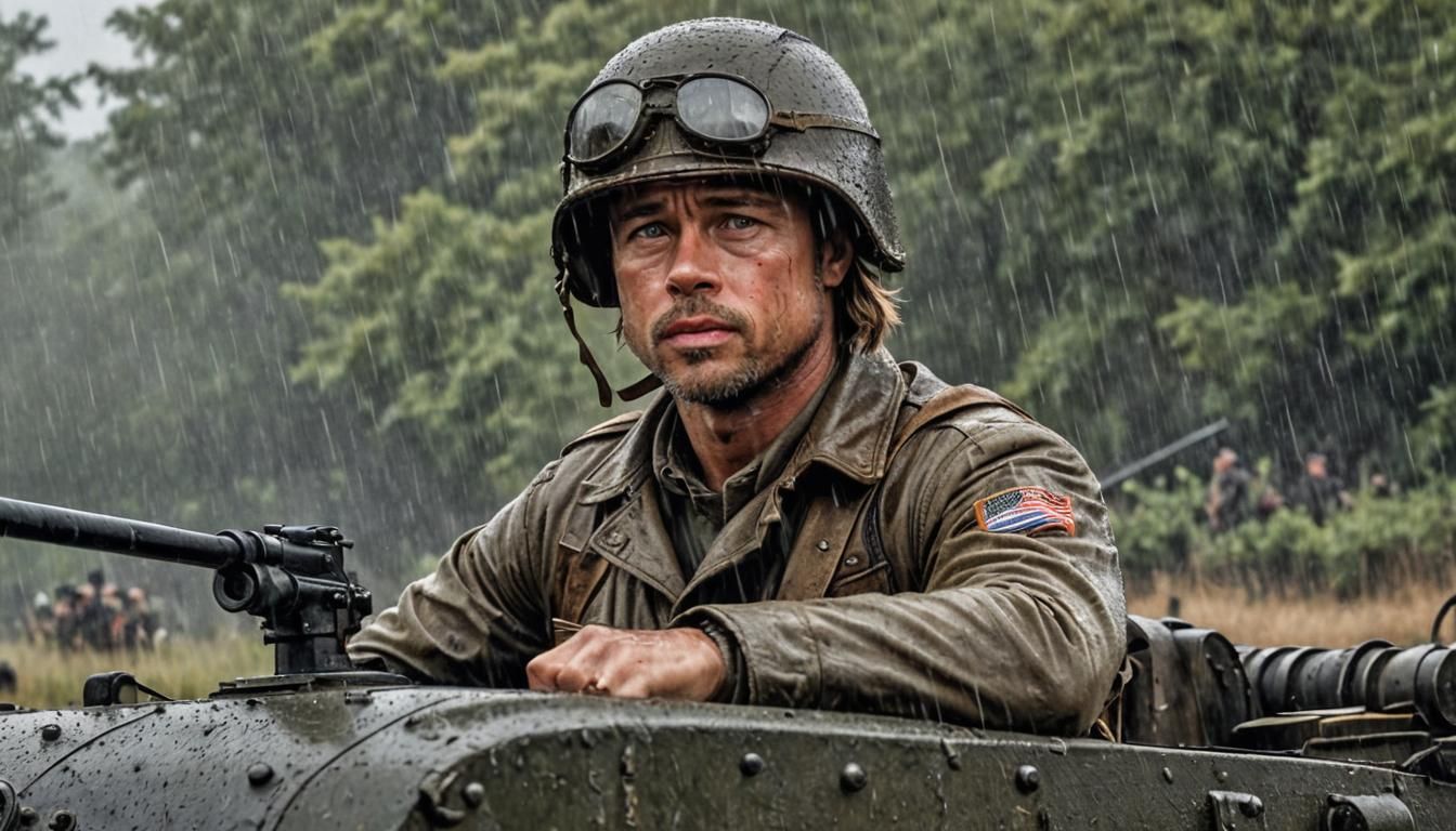 Hyperrealistic Brad Pitt as Soldier in Sherman Tank