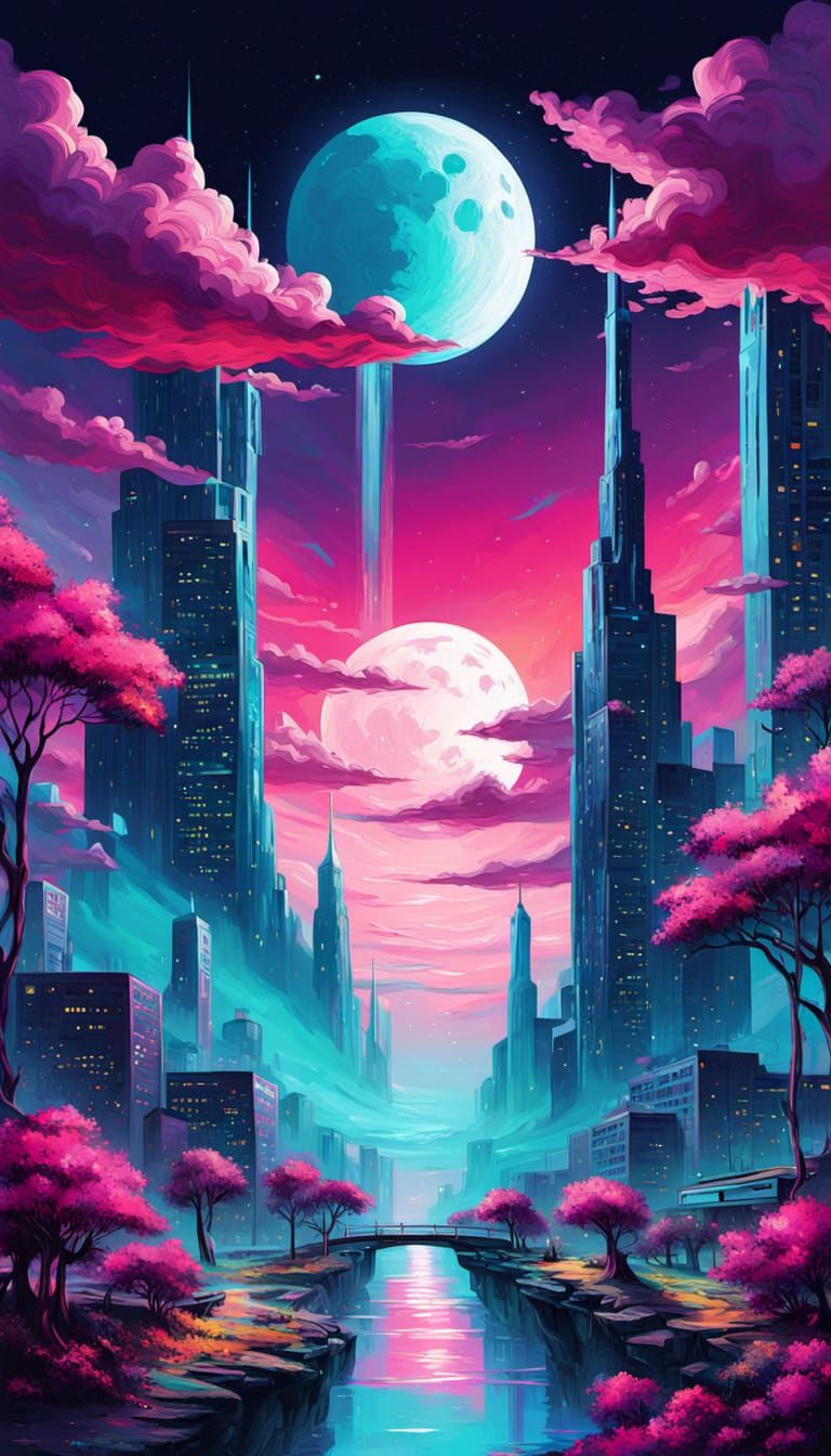 Cyberpunk Dreamscape: Glowing Cityscape with Cascading Water...