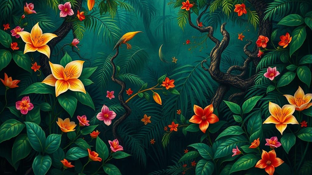 Surreal Jungle Tapestry with Gold Accents and Iridescent Blo...