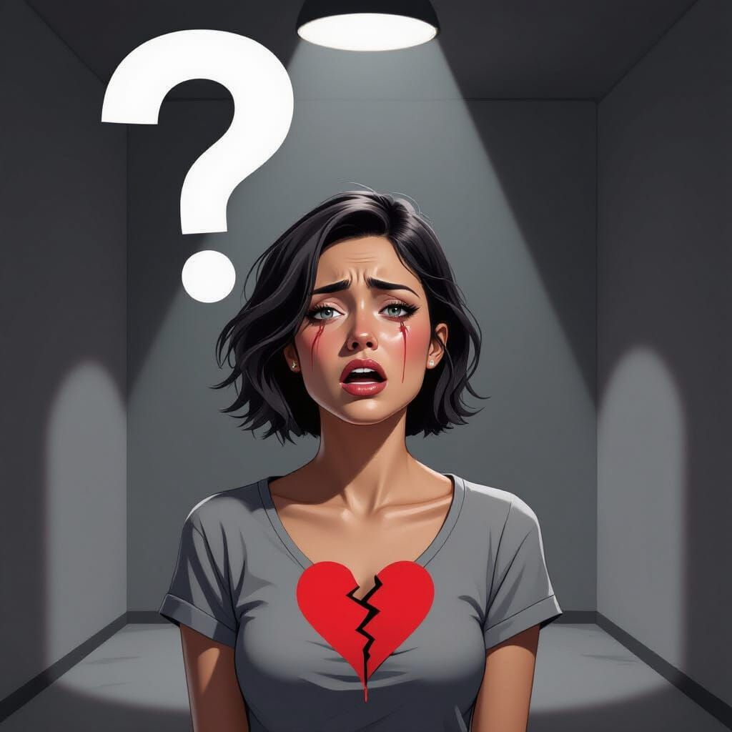 Woman's Face Expressing Sadness with Broken Heart and Questi...