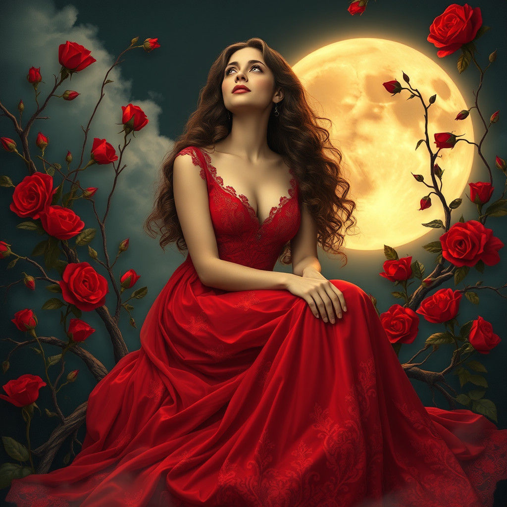 Woman in Red Gown Under Moonlit Roses