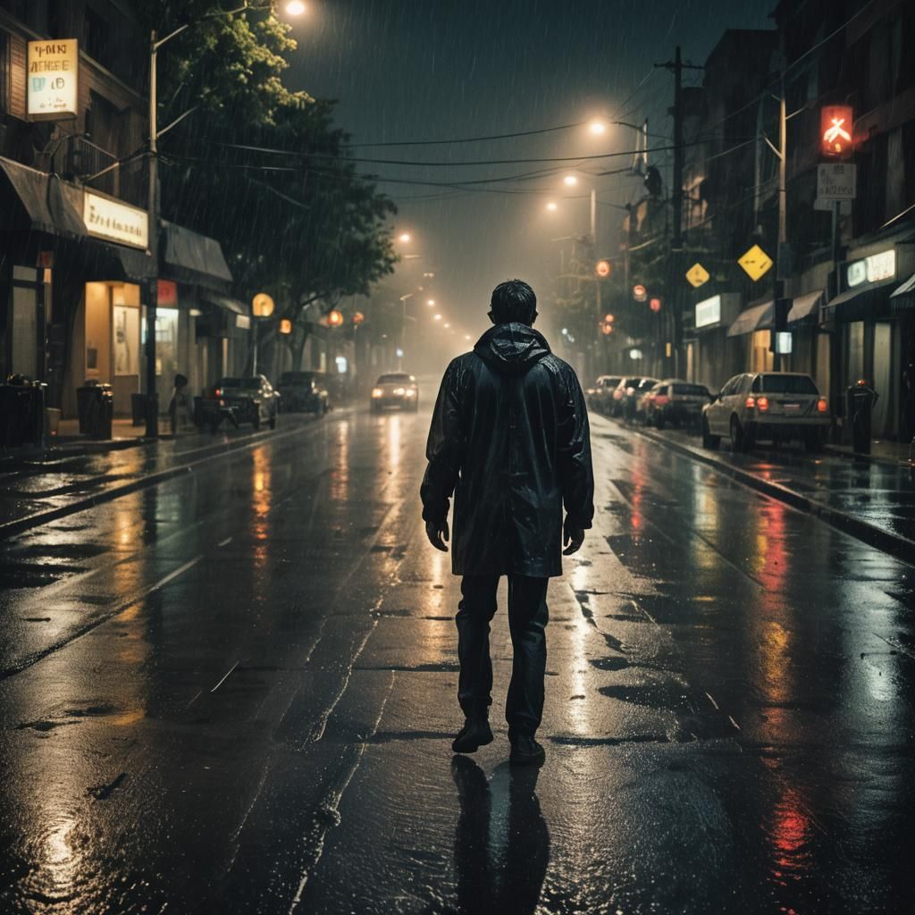 Rainy Road Reflection: Cinematic Film Still