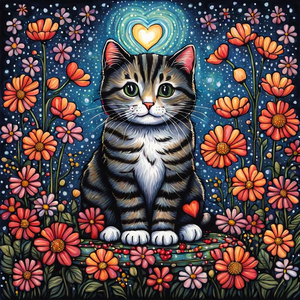 Cat on Pillow Surrounded by Flowers, Wood Engraving