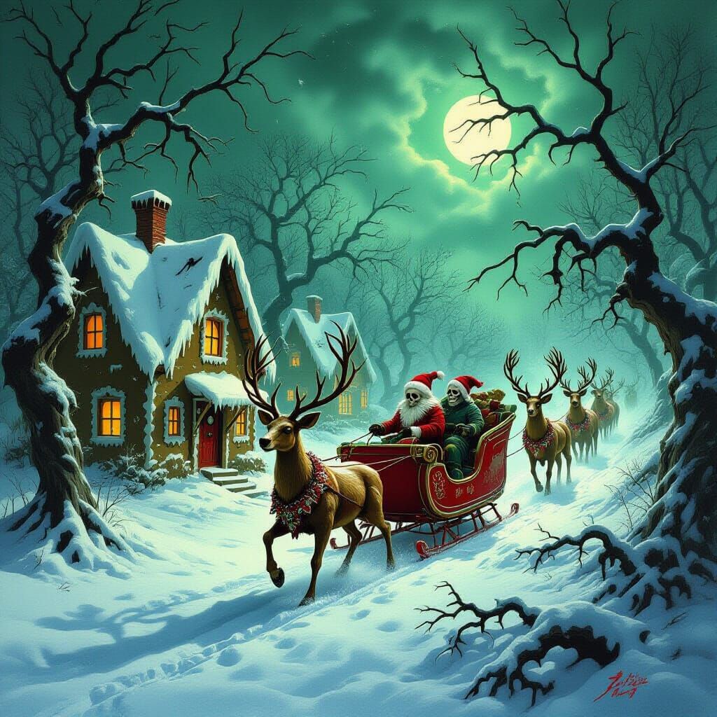 Twisted Dark Christmas Scene with Skeletal Reindeer