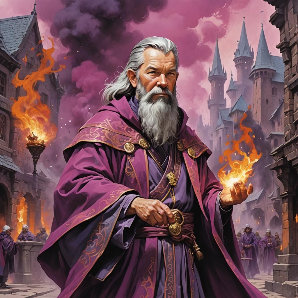 "(Ricky Ponting); (Old); Grey hair; Grey Beard; Baldurs Gate 3 themed; Urban background; Wizard Class; Magenta robes; ca...
