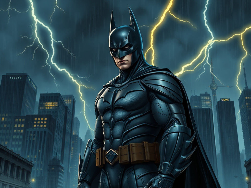 Anime style, Batman firm amidst a stormy night in Gotham Cit...