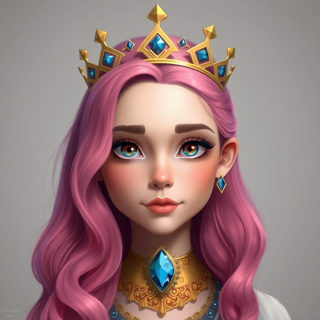 Regal Digital Portrait of a Young Woman with Pink Hair and G...