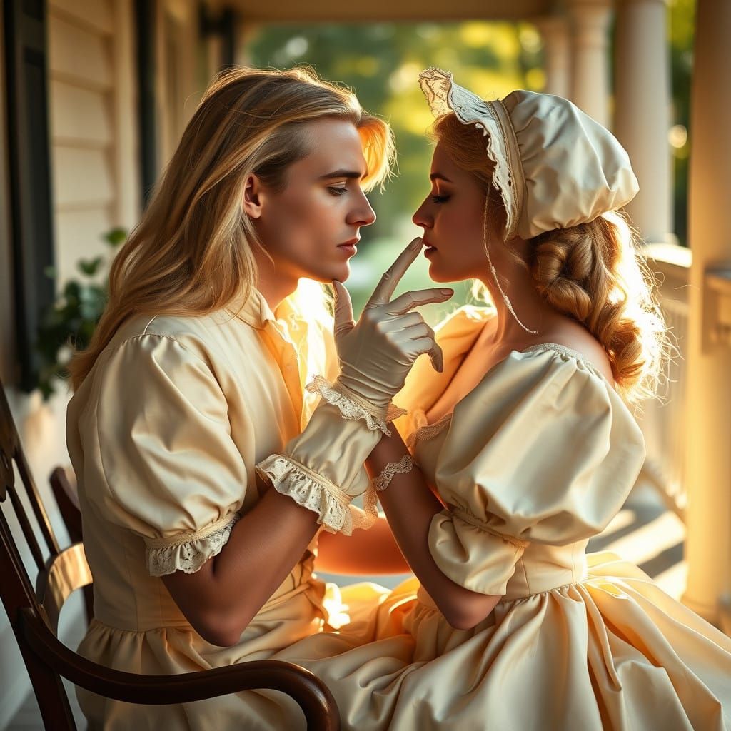 Softly Lit Gentleman in 19th Century Gown with Tender Moment